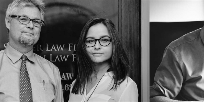 Black and white image of lawyer and administrator. 