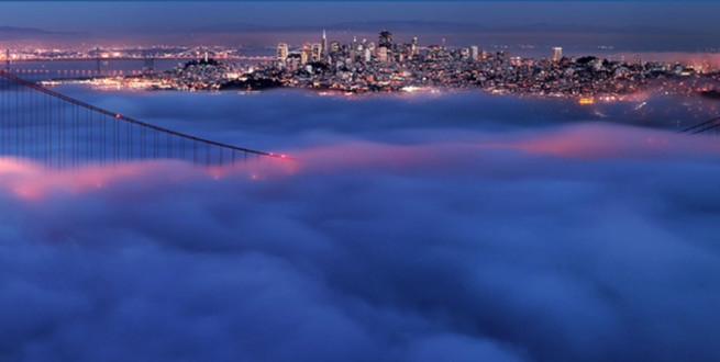 Aerial photo of the Golden Gate bridge and San Francisco.