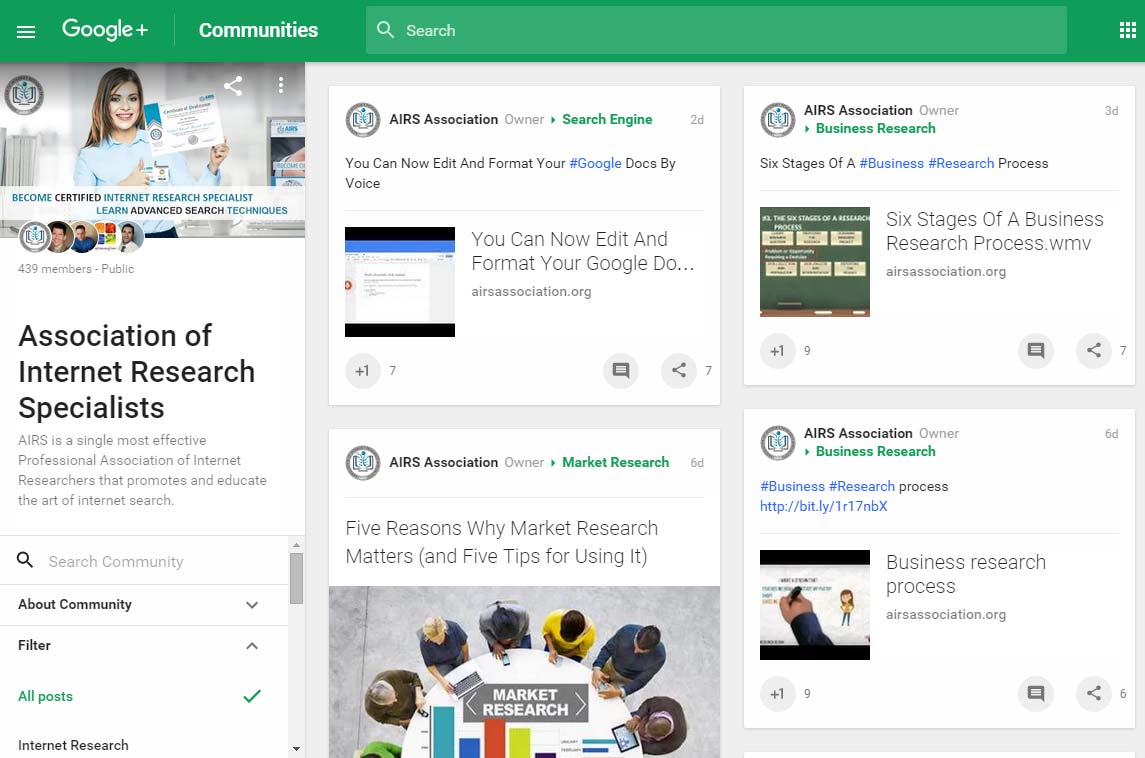 Google+ Community Example, AIRS, blog posts