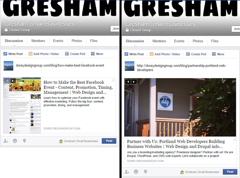 Facebook Groups, Narrow vs. Wide Image Displays, Blog Post Share