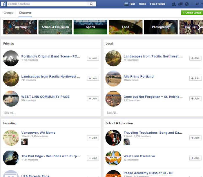 Facebook Groups, Discover, Your Groups