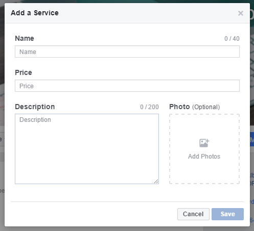 Facebook Page add Service Window on Computer
