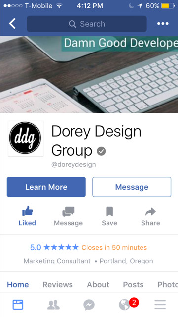 Facebook Page preview on mobile smartphone for Dorey Design Group, Home tab open