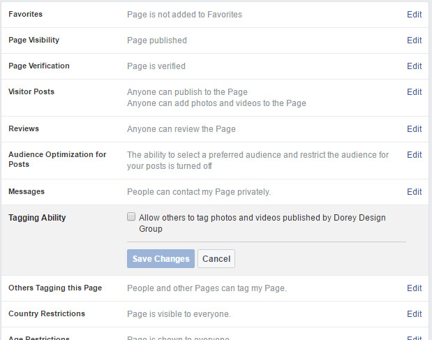 Facebook Page Settings, Tagging Toggle Switch, Privacy Options, Desktop PC Screen Capture