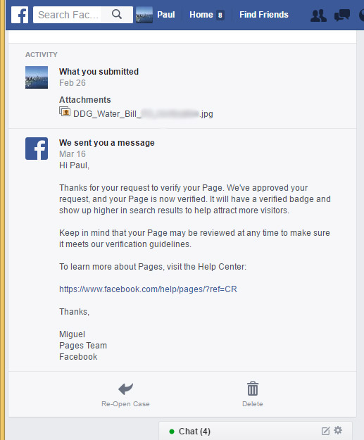 Facebook Page Verification Approval Message on Desktop Computer