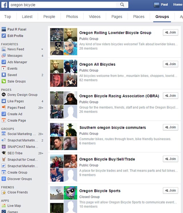 Facebook Groups, List of Groups, Oregon Bicycle Search