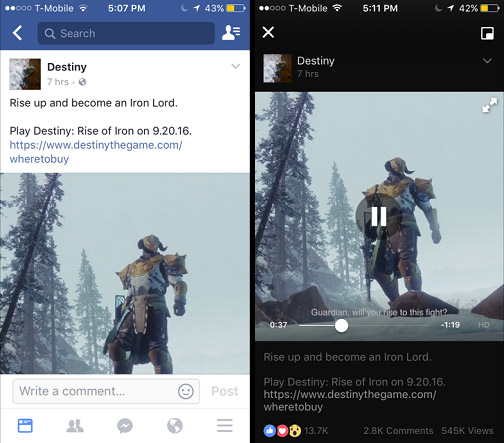 Facebook video description after click on mobile iPhone, Timeline Space Taken Example