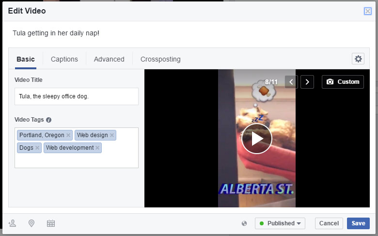 Editing a Facebook Video on FB Page, Tula the Office Dog Napping