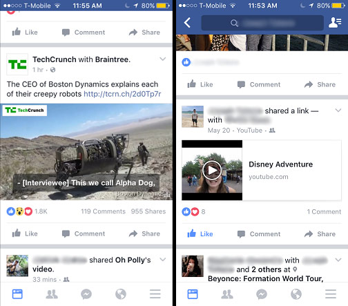 Facebook post for YouTube video vs. Facebook native video post, Mobile News Feed Timeline Example