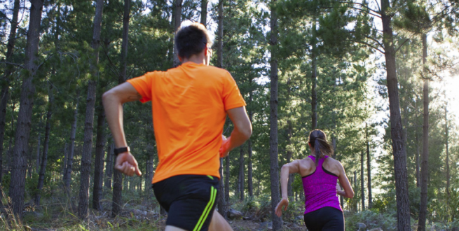 Two people running through the forest.