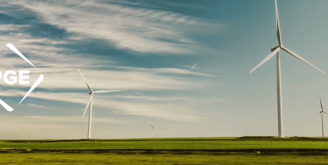 Portland general and electric logo over image of windmills 